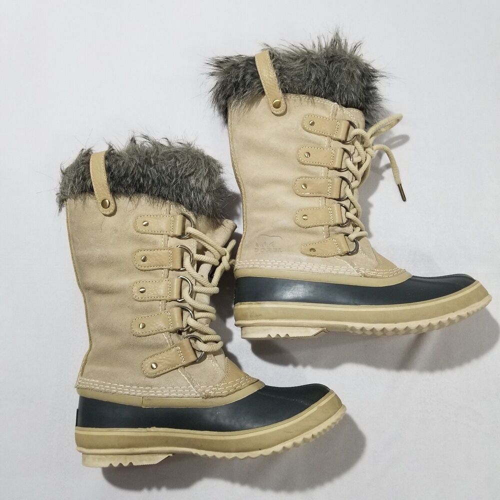 Sorel Beige and Black Waterproof Winter Lace-Up Boots with Faux Fur Cuff